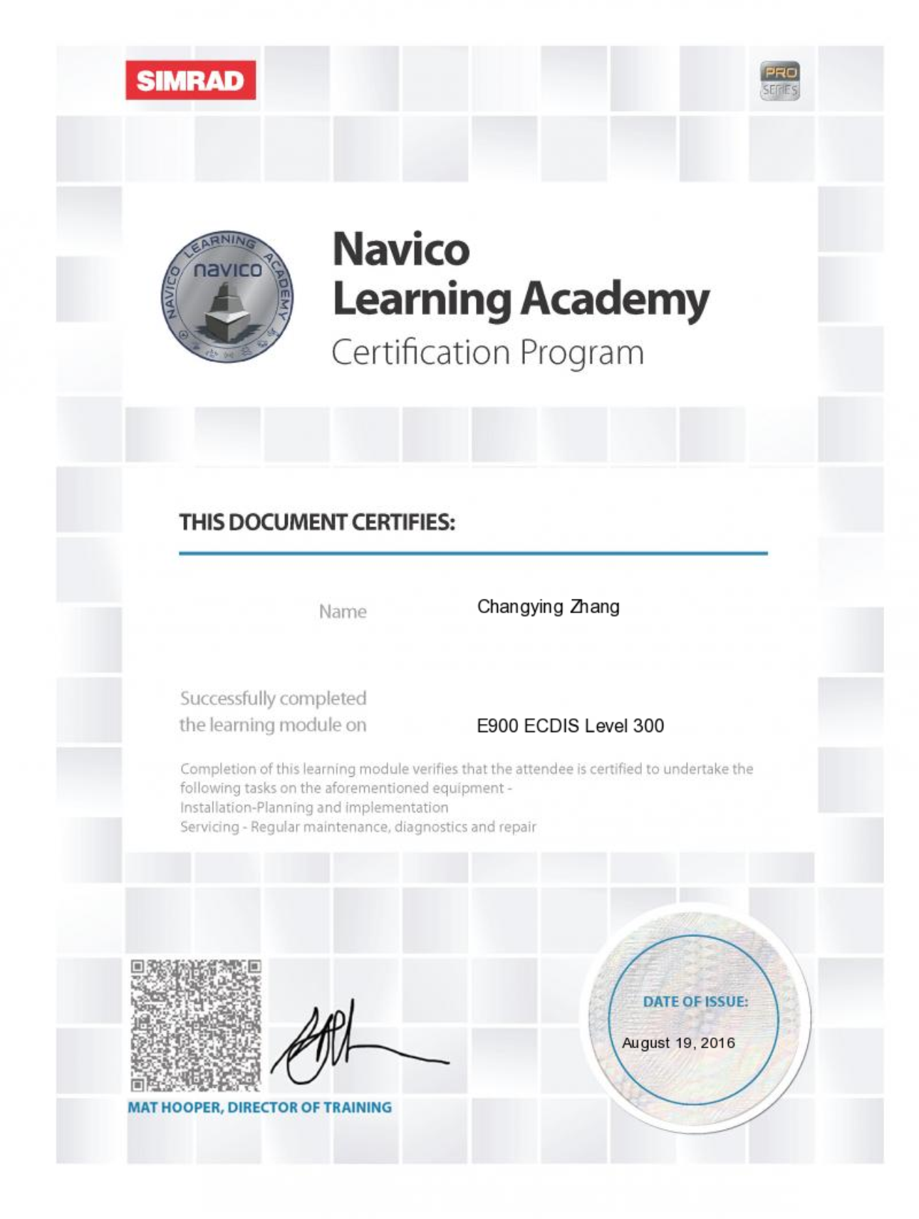 Navico Simrad ECDIS 900 Certificate